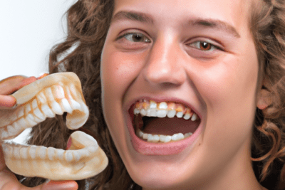Joven sonriente sosteniendo un modelo de dentadura que invita a reflexionar sobre que pasa si la pasta dental esta caducada