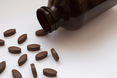 Frasco marrón volcado con cápsulas oblongas dispersas que evoca la pregunta que pasa si la vitamina e esta caducada