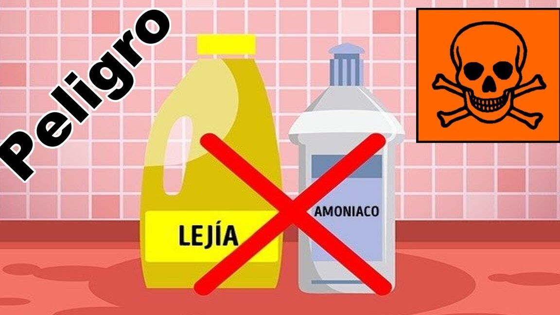 Envases marcados como lejía y amoniaco con una X roja y símbolo de cráneo que advierte que pasa si mezclas lejia y amoniaco descubre la peligrosa reaccion quimica