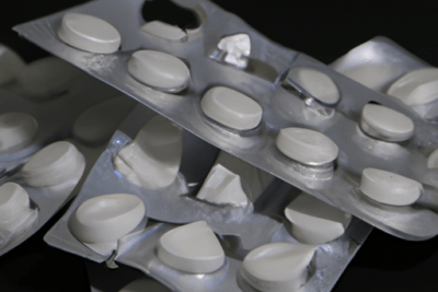 Blíster de pastillas blancas: que pasa si tomo pastillas caducadas de 4 meses y dudas comunes, varios blísters abiertos con comprimidos blancos sobre fondo oscuro.