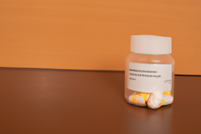 Frasco de pastillas sobre superficie marrón y fondo naranja que plantea que pasa si tomo un medicamento caducado hace 8 meses.