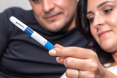 Pareja mirando un test de embarazo mientras se preguntan que pasa si una prueba de embarazo esta caducada.
