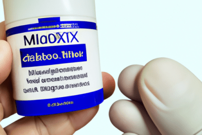 Frasco farmacéutico sostenido por manos con guantes, imagen ilustrativa sobre que pasa si uso minoxidil caducado aprende sobre los riesgos y precauciones