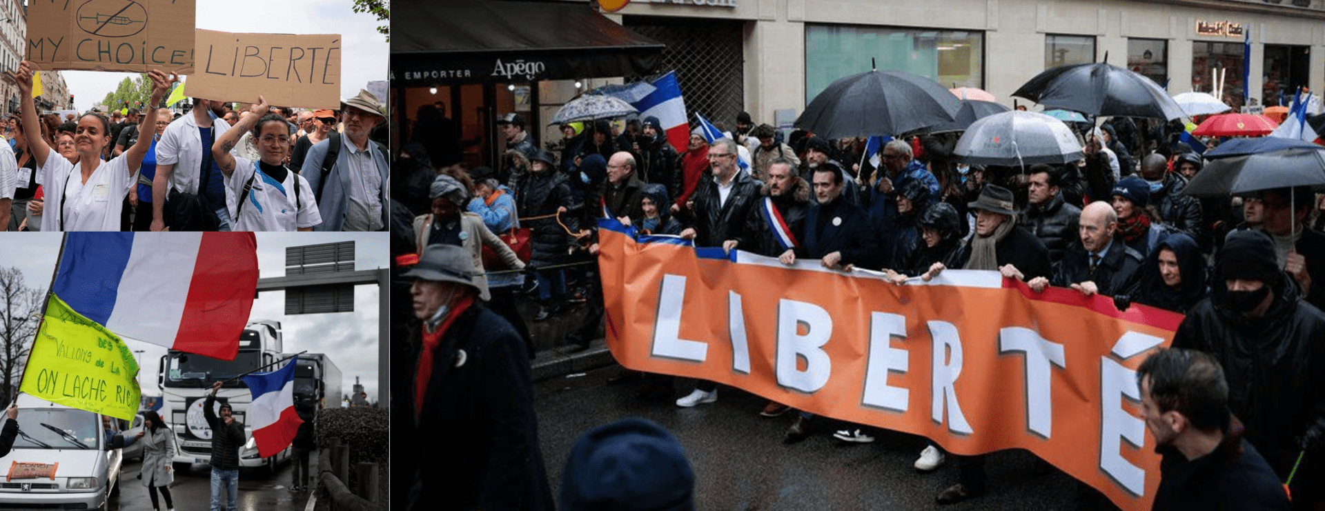 Multitud en manifestación con pancartas 'LIBERTÉ', banderas y paraguas en la calle, que pasaria si gana el voto en blanco en espana descubre la respuesta en forocoches
