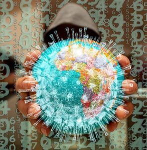 Figura encapuchada sostiene un globo-terráqueo con picos tipo virus frente a un fondo de números que representa el numero descubre su significado aqui