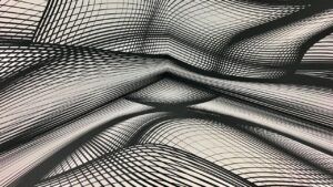 Patrón geométrico abstracto en blanco y negro con líneas entrecruzadas y ondas, que representa emoji descubre significado uso.