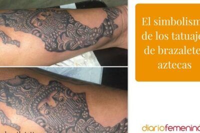 Brazalete tatuado en antebrazo con motivos aztecas y relieves en negro y gris, que representa un tatuaje de arbol descubre su significado