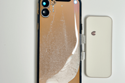 IPhone 11 con el film protector trasero parcialmente desprendido y funda blanca al lado que significa cobertura caducada en iphone 11