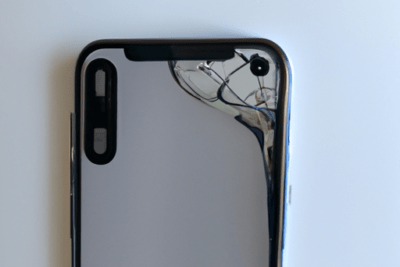 Teléfono con la esquina trasera superior agrietada y lente de cámara expuesta que significa cobertura caducada en iphone x