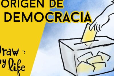 Ilustración de una mano introduciendo un voto en una urna junto al texto sobre el origen de la democracia que significa democracia descubre todo lo que necesitas saber