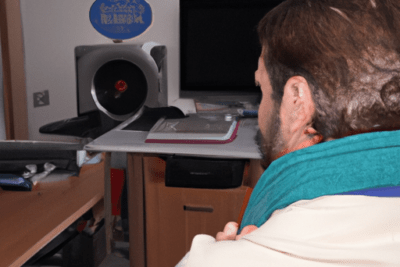 Hombre de espaldas en un escritorio con ordenador y papeles pensado en que significa que la itv esta caducada y que debes hacer al respecto