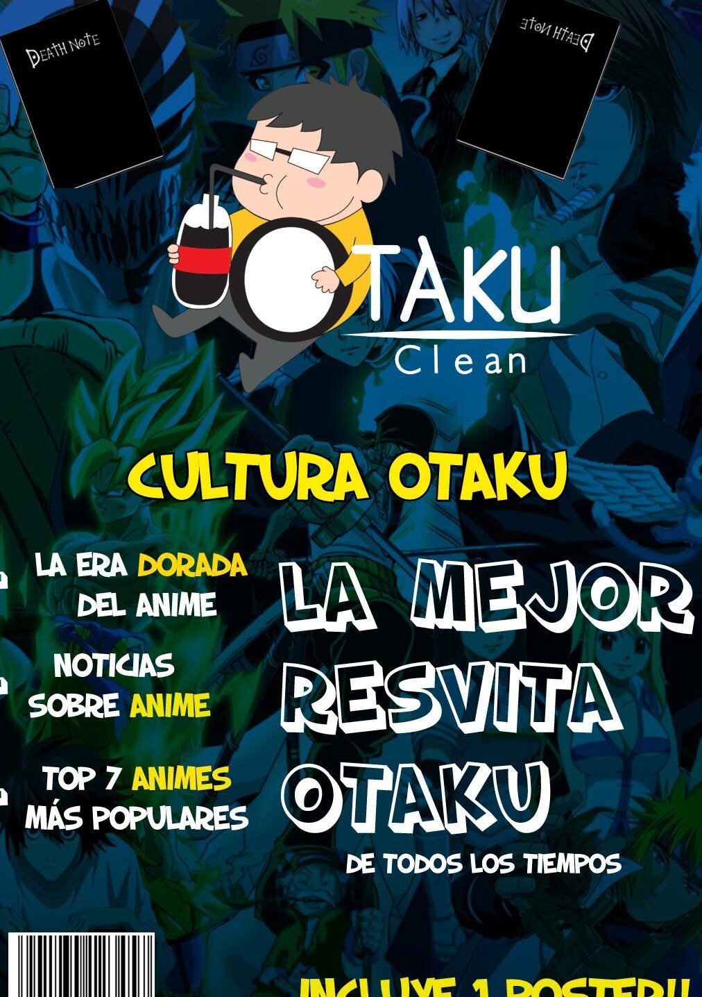 Portada colorida de revista otaku con personaje caricaturesco, collage de animes y titulares sobre cultura otaku que significa ser un amigo otaku descubre su significado y mas