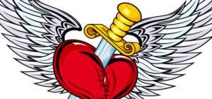 Corazón rojo con alas atravesado por una espada y gotas de sangre, que significa un tatuaje de corazon con flecha rota en el pecho