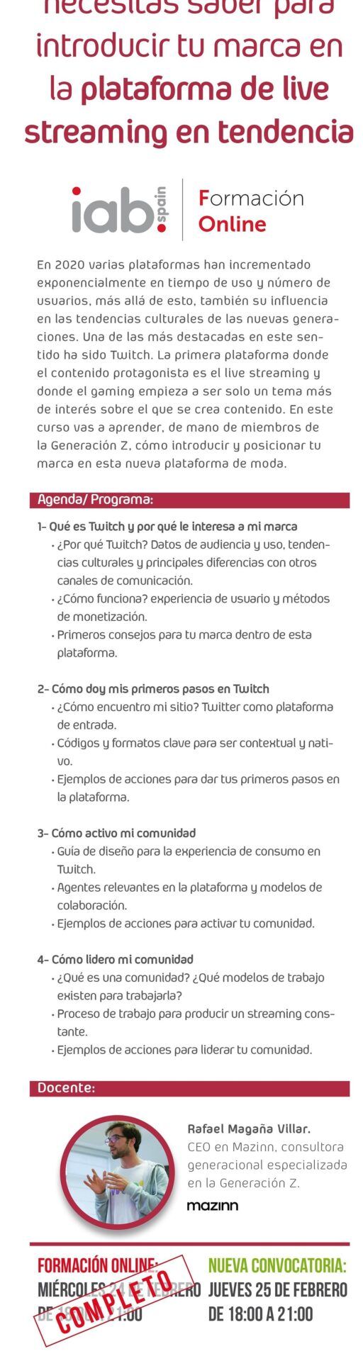 Folleto de formación online que explica que significa your twitch y como usarlo en tu plataforma de streaming con agenda y objetivos prácticos