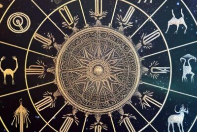 Rueda zodiacal dorada sobre fondo oscuro mostrando símbolos astrológicos y que simboliza el cancer en la astrologia.