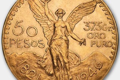 Moneda de oro con figura del ángel alado en relieve que simboliza el numero 37