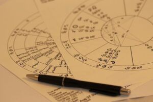 Hojas con ruedas astrológicas, glyphs zodiacales y un bolígrafo sobre la mesa que simboliza piscis astrologia en contexto de cartas natales