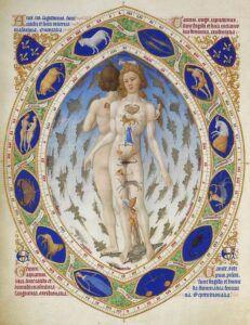 Manuscrito iluminado con dos figuras humanas y medallones zodiacales alrededor que simbolizan los signos del zodiaco significados y caracteristicas.