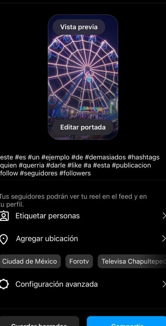 Pantalla de publicación de Instagram Reels con vista previa de portada, hashtags, opciones para etiquetar y agregar ubicación que sucede con los likes al bloquear a alguien en instagram descubre la verdad aqui