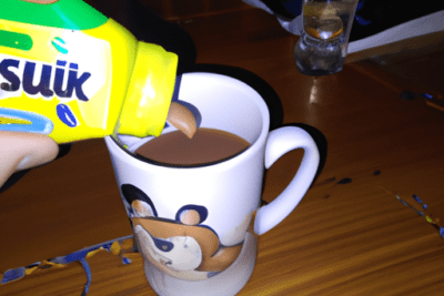 Mano vertiendo Nesquik en una taza con dibujo de oso, que sucede si consumes nesquik caducado