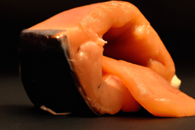 Lonchas brillantes y curvadas de salmón ahumado sobre fondo oscuro que ilustran que sucede si consumes salmon ahumado caducado todo lo que debes saber.