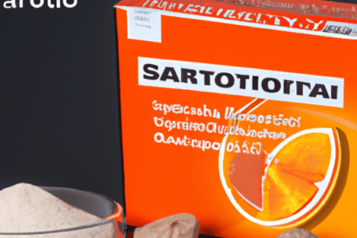 Envase naranja de suplemento y cuenco con polvo blanco que sucede si consumimos glutamina caducada descubre los efectos y precauciones
