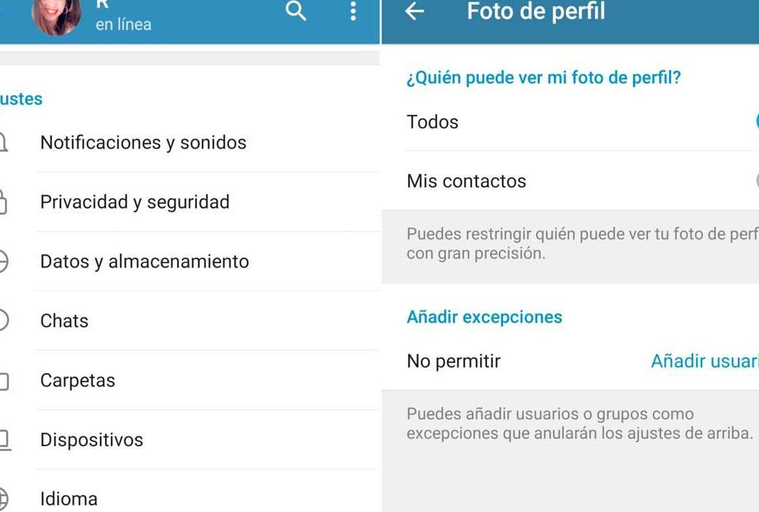 Pantalla de ajustes de privacidad que muestra quién puede ver la foto de perfil y opciones de excepciones; que sucede si elimino un contacto del telefono descubre que hacer en esta situacion