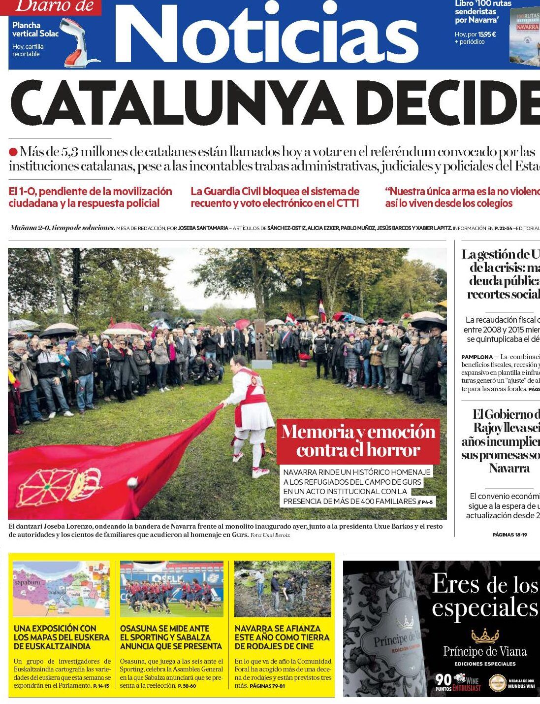 Portada del periódico con el gran titular 'CATALUNYA DECIDE' y una multitud durante un homenaje en Navarra, que sucede si juntas los dos polos de una bateria yamaha descubre la respuesta aqui
