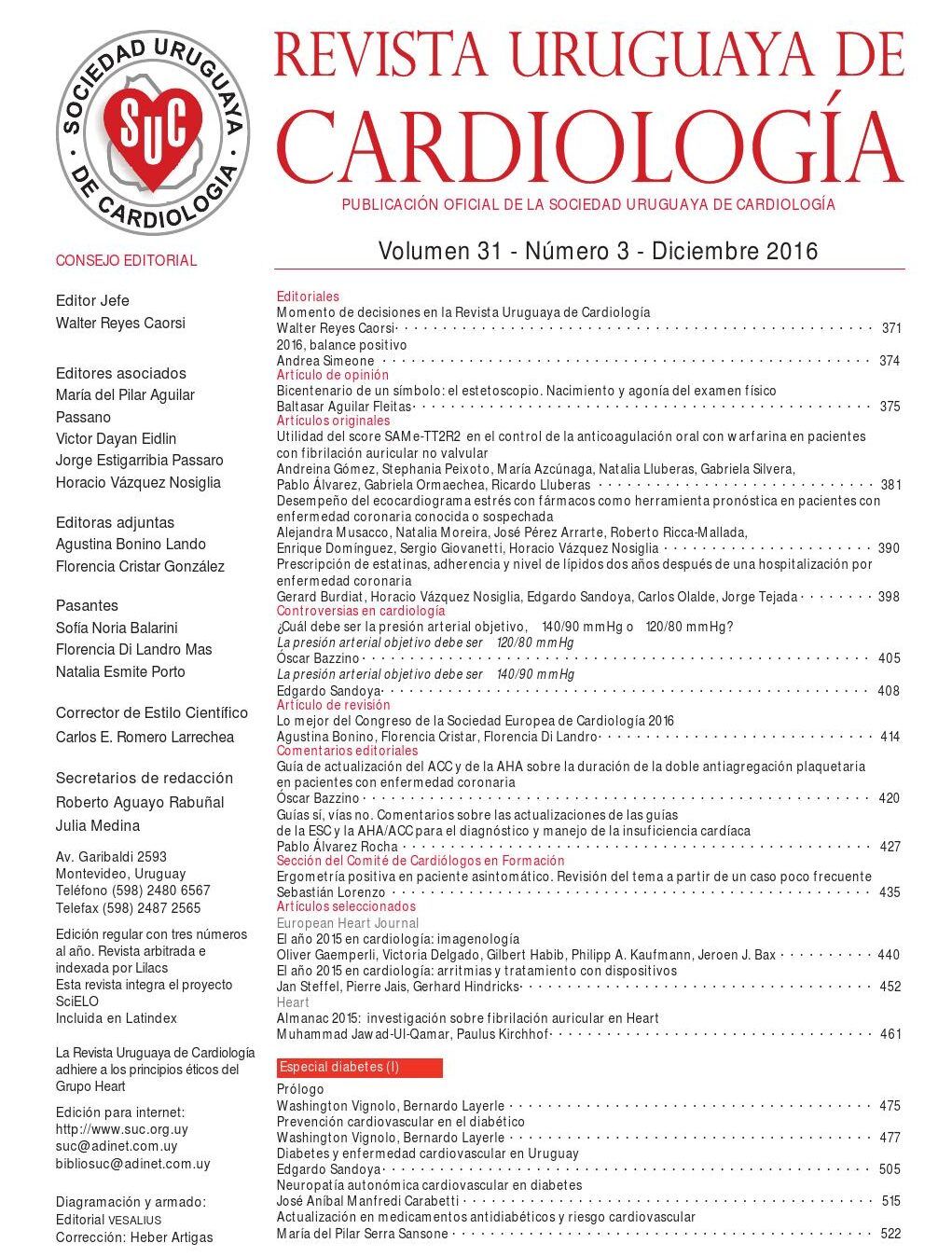 Portada de la Revista Uruguaya de Cardiología con logo y tabla de contenidos, que sucede si kc es igual a kp xl descubre la respuesta aqui.