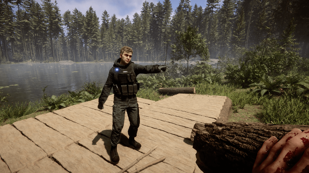 Personaje con chaleco táctico señalando desde un muelle de madera junto a un lago y una mano ensangrentada en primer plano, que sucede si kelvin muere en sons of the forest descubre la respuesta en reddit.