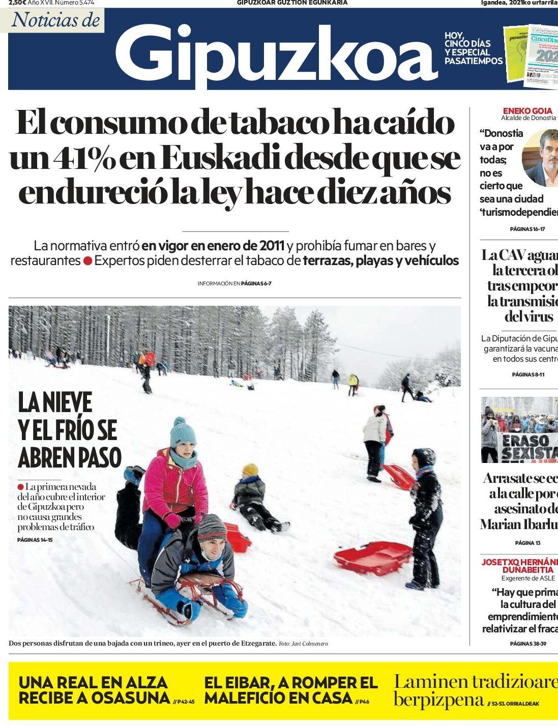 Portada de diario con titular sobre consumo de tabaco y fotografía de personas en la nieve que invita a la reflexión sobre que sucede si kevin muere quemado la impactante realidad detras de los accidentes domesticos