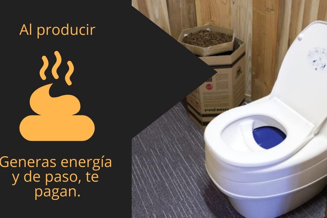 Inodoro portátil junto a caja de pellets y gráfico de excremento que plantea que sucede si la caca flota en el agua del inodoro