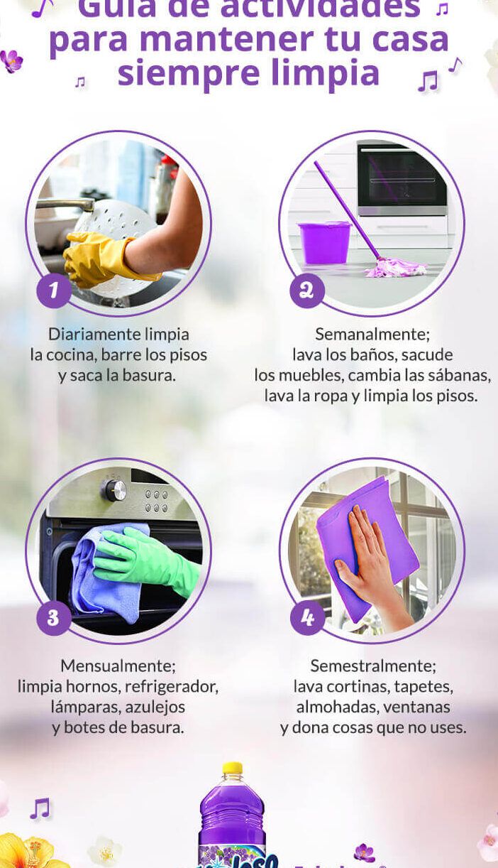 Infografía con pasos numerados para limpieza diaria, semanal, mensual y semestral mostrando guantes, fregona, paños y botella de producto y recordando que sucede si mezclas lejia y amoniaco blanco descubre los peligros de esta combinacion