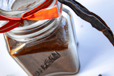 Frasco de vidrio con polvo oscuro y vaina de vainilla, que sucede si utilizamos esencia de vainilla caducada en nuestras recetas
