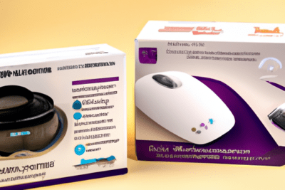 Empaque de cajas blancas y moradas con un periférico tipo ratón, qviart mini 2 caducado descubre todo lo que necesitas saber