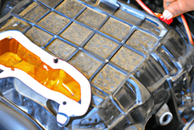 Mano conectando un cable rojo al compartimento del motor del vehículo, imagen de mantenimiento y conexión eléctrica renovacion de matricula caducada como obtener una nueva matricula para tu vehiculo