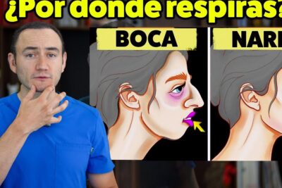 Ilustración comparativa de respiracion bucal frente a respiración nasal con profesional señalando la boca
