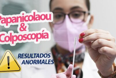Profesional sanitaria con mascarilla sosteniendo un portaobjetos y texto que indica resultados anormales