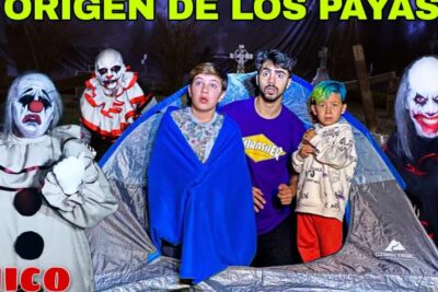 Tres personas asustadas dentro de una tienda rodeadas por payasos siniestros, revelando el verdadero significado de ser vip que significa realmente ser vip.