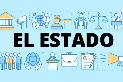 Banner azul con la frase EL ESTADO en negro y varios iconos de gobierno, justicia y ciudadanía rwGZrlIQrfA.