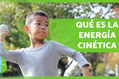 Niño lanzando una pelota frente a un cartel verde que dice 'Qué es la energía cinética' sPB me6JmXY.