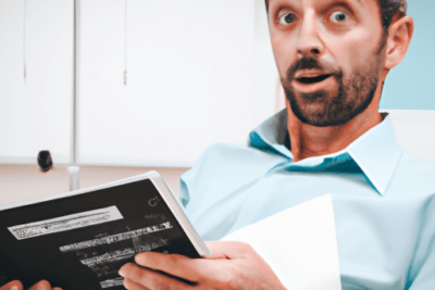 Hombre sorprendido sosteniendo una tablet y documentos, reacción a se me ha caducado la firma digital que debo hacer