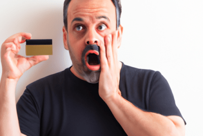 Hombre sorprendido sosteniendo una tarjeta bancaria y pensando se me ha caducado la tarjeta de credito que debo hacer