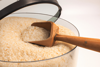 Frasco de arroz blanco con cucharón de madera que plantea si se puede comer el arroz caducado.