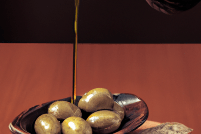 Se puede consumir el aceite caducado descubre la verdad detras de esta polemica, aceite de oliva dorado siendo vertido sobre un plato de aceitunas junto a una rebanada de pan