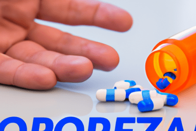 Se puede tomar omeprazol caducado descubrelo aqui, frasco naranja volcado con cápsulas azules y mano cercana