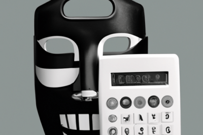 Composición minimalista con una máscara negra sonriente y un dispositivo blanco con botones que sugiere trámites y pregunta si el dni esta caducado se puede renovar
