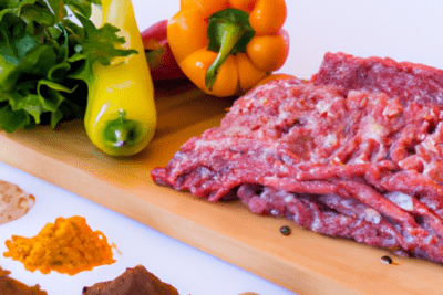 Carne picada sobre tabla con pimientos, hierbas y montones de especias, visual para si la carne esta caducada todo lo que debes saber
