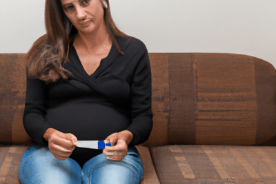 Mujer sentada en un sofá mirando un test de embarazo con expresión preocupada y preguntándose si la prueba de embarazo esta caducada sirve.