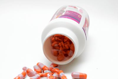 Frasco blanco volcado con cápsulas naranja y blanco dispersas, si un medicamento esta caducado se puede tomar descubre la respuesta aqui